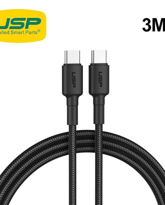 USP BoostUp Braided USB-C to USB-C Cable (3M) Black -3A Fast & Safe Charge,Samsung Galaxy,Apple iPhone,iPad,MacBook,Google,OPPO,Nokia,2 Years Warranty - Leader Electronics