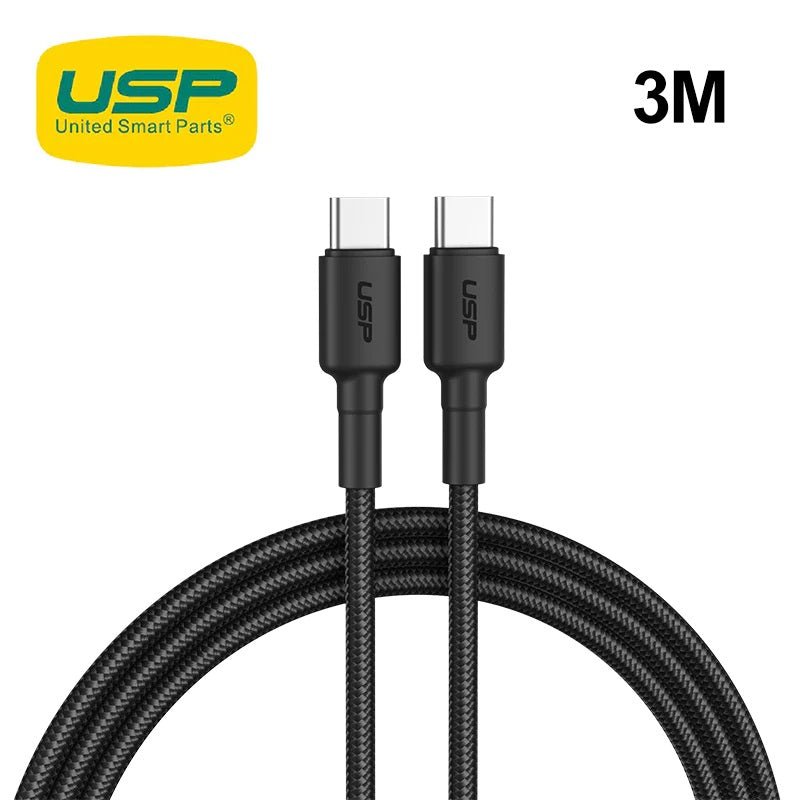 USP BoostUp Braided USB-C to USB-C Cable (3M) Black -3A Fast & Safe Charge,Strong & Durable,Samsung Galaxy,Apple iPhone,iPad,MacBook,Google,OPPO,Nokia - Leader Electronics
