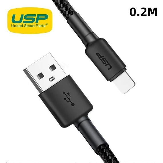 USP BoostUp Lightning to USB-A Cable (20cm) Black - Quick Charge & Connect, 2.4A Rapid Charge, Durable, Nylon Weaving, Apple iPhone/iPad/MacBook - Leader Electronics