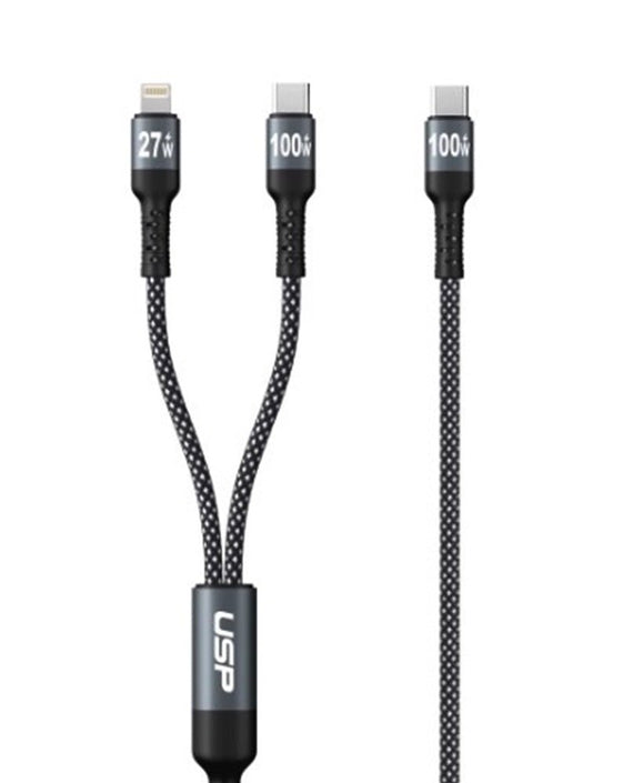 USP Braided 2-in-1 USB-C to Lighting (27W) + USB-C (100W) Super Fast Charging Cable (1.2M) Black - High Speed Charging, 2 Years Warranty - Leader Electronics