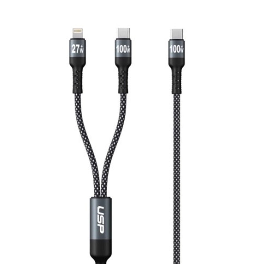 USP Braided 2-in-1 USB-C to Lighting (27W) + USB-C (100W) Super Fast Charging Cable (1.2M) Black - High Speed Charging - Leader Electronics