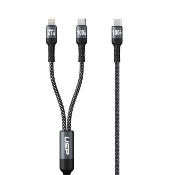 USP Braided 2-in-1 USB-C to Lighting (27W) + USB-C (100W) Super Fast Charging Cable (1.2M) Black - High Speed Charging - Leader Electronics