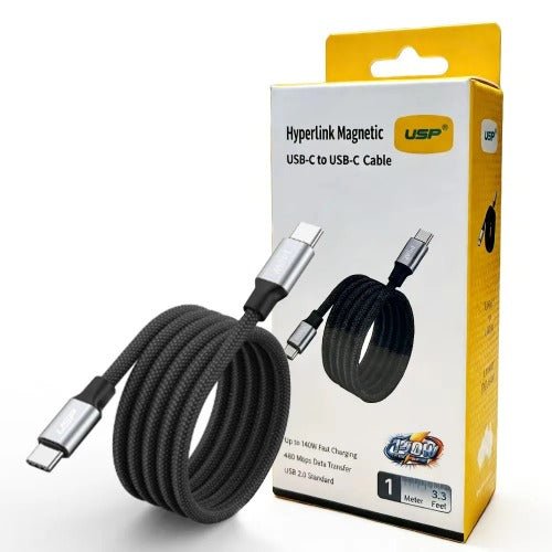 USP Braided HyperLink USB-C to USB-C (1M) Magnetic Cable - Black, Charge & Connect,Digital Display,140W PD, 5 Years Warranty - Leader Electronics