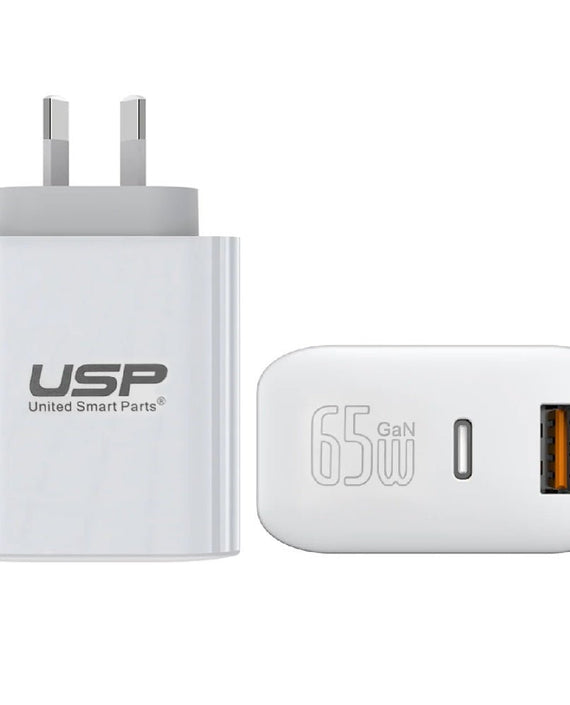 USP Dual Port PD 65W GaN Fast Wall Charger USB-C + USB-A for Phone Laptop, Intelligent,Travel Ready,PPS Technology, 2 Years Warranty - Leader Electronics
