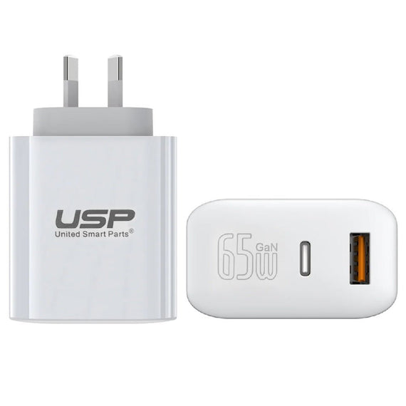 USP Dual Port PD 65W GaN Fast Wall Charger USB-C + USB-A for Phone Laptop, Intelligent,Travel Ready,PPS Technology, 2 Years Warranty - Leader Electronics