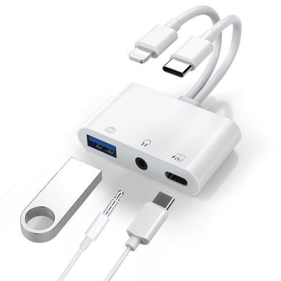 USP Lightning/USB-C to USB Adapter features a USB OTG Port, 3.5mm Headphone Jack & Fast-charging Port - Leader Electronics