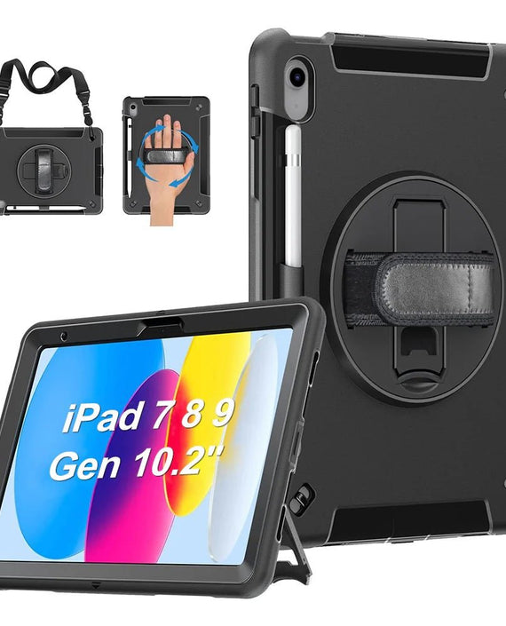 USP Rugged Apple iPad (10.2') (9th/8th/7th Gen) Case Black - Built-in-Kickstand, Adjustable Hand Strap, Shoulder Strap, Pen Holder, 3 Year Warranty - Leader Electronics