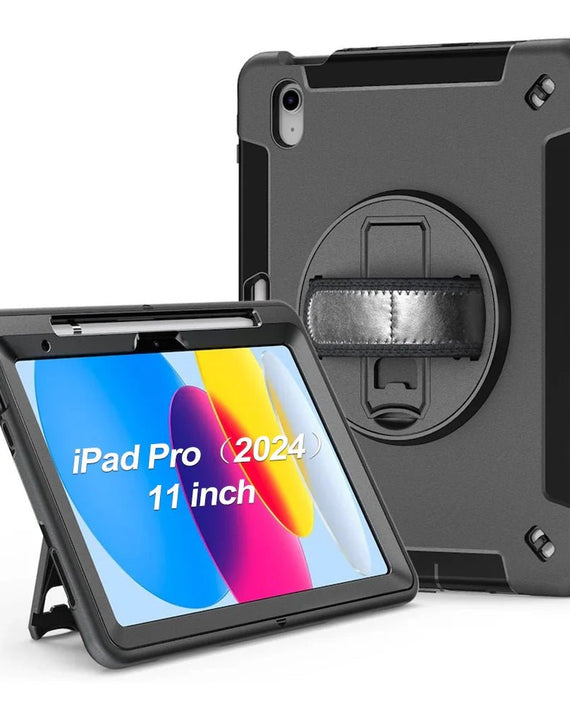 USP Rugged Apple iPad Pro (11') (M5/M4) (6th/5th Gen) Case Black - Built-in-Kickstand, Adjustable Hand Strap, Shoulder Strap, 3 Year Warranty - Leader Electronics