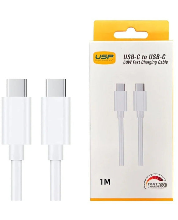 USP USB-C to USB-C 60W Mini Cable (1M) White - 3A , Fast Charge, High Performance, Durable, 8K Bend, Samsung Galaxy,Apple iPhone,iPad,MacBook,Google - Leader Electronics