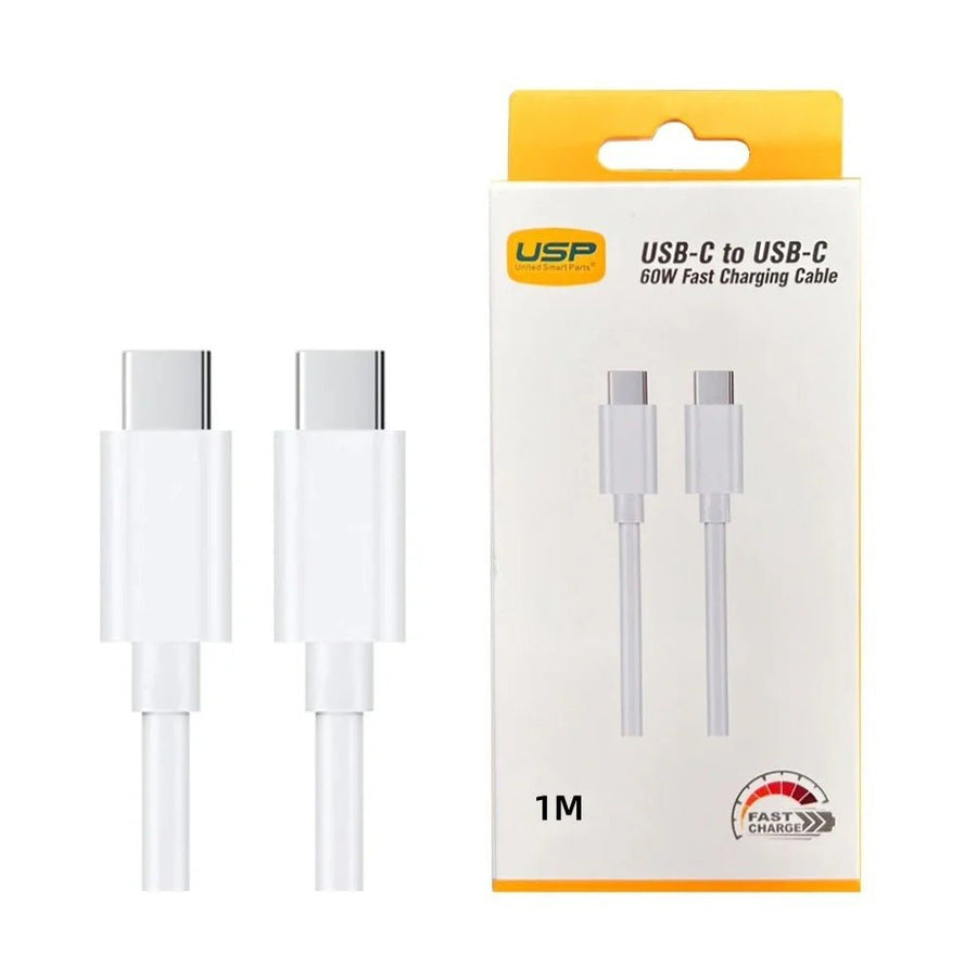 USP USB-C to USB-C 60W Mini Cable (1M) White - 3A , Fast Charge, High Performance, Samsung Galaxy,Apple iPhone,iPad,MacBook,Google, 2 Years Warranty - Leader Electronics