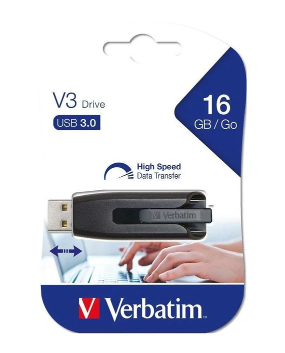 Verbatim 16GB V3 USB3.0 Grey Store'n'Go V3; Retractable USB Storage Drive Memory Stick - Leader Electronics