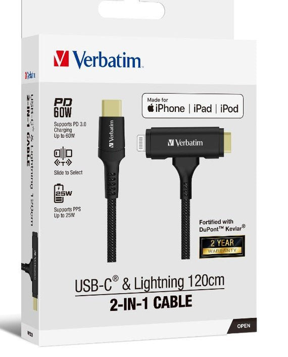 Verbatim 2-in-1 Cable Type C to C & Lightning Kevlar Slide 120cm -BLK - Leader Electronics