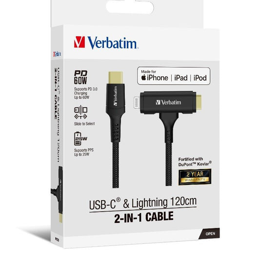 Verbatim 2-in-1 Cable Type C to C & Lightning Kevlar Slide 120cm -BLK - Leader Electronics
