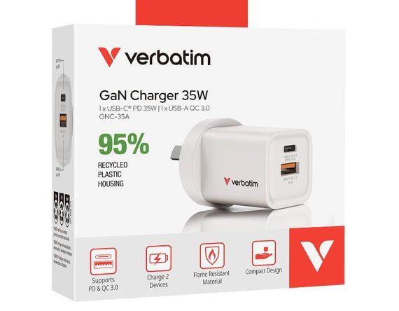 Verbatim 2 Port 35 Watt Portable GaN charger, 1 x USB-C PD 35w, 1x USB-A QC 3.0, Compact Design Apple, Android, Samsung, Google, Huawei, Oppo - Leader Electronics
