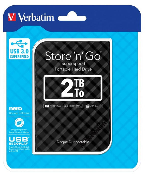 Verbatim 2TB 2.5' USB 3.0 Black Store'n'Go HDD Grid Design, Ultra Portable, High Speed & Capacity. Backup and Store + Nero Backup Software - Leader Electronics