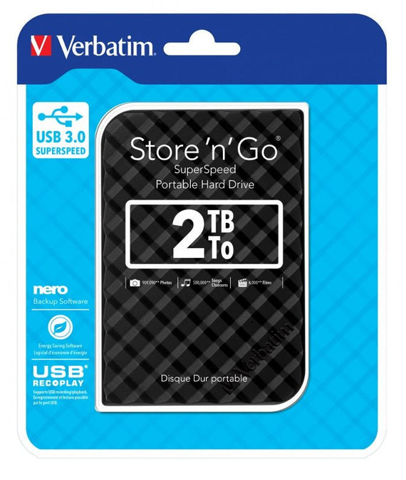 Verbatim 2TB 2.5' USB 3.0 Black Store'n'Go HDD Grid Design, Ultra Portable, High Speed & Capacity. Backup and Store + Nero Backup Software - Leader Electronics