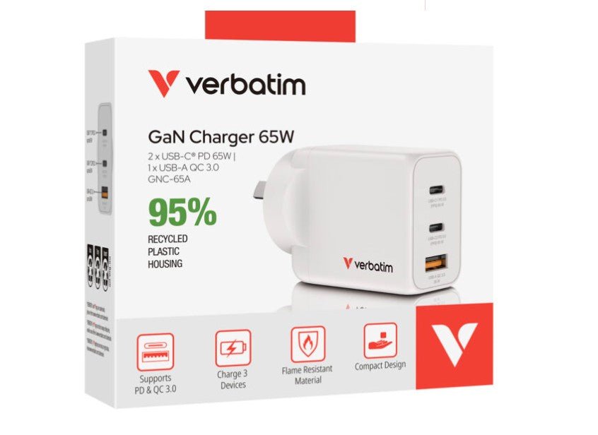 Verbatim 3 Port 65 Watt Portable GaN charger, 2 x USB-C PD 65w, 1x USB-A QC 3.0, GNC-65A Compact Design Apple, Android, Samsung, Google, Huawei, Oppo, - Leader Electronics