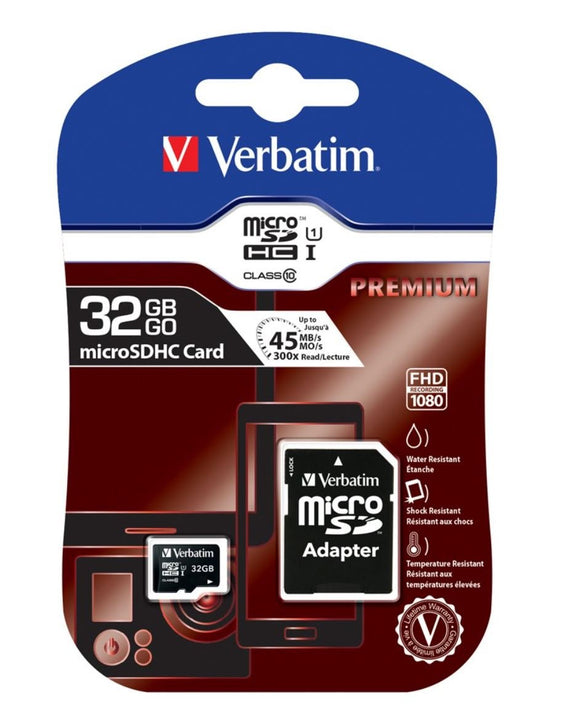 Verbatim 32GB MicroSD SDHC SDXC Class10 UHS-I Memory Card 45MB/s Read 10MB/s Write 300X Read Speed with standard SD adaptor - Leader Electronics