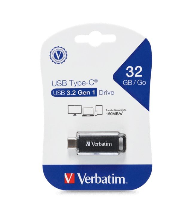 Verbatim 32GB Type-C USB 3.2 Flash Drive - Black Retail Pack 70903 Ultra Fast Transfer, Compact and Light weight design - Leader Electronics