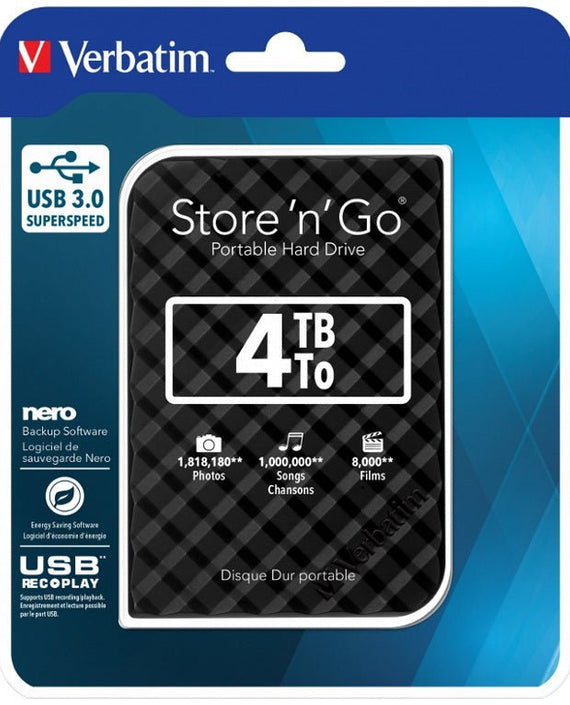 Verbatim 4TB 2.5' USB 3.0 Black Store'n'Go HDD Grid Design. - Leader Electronics