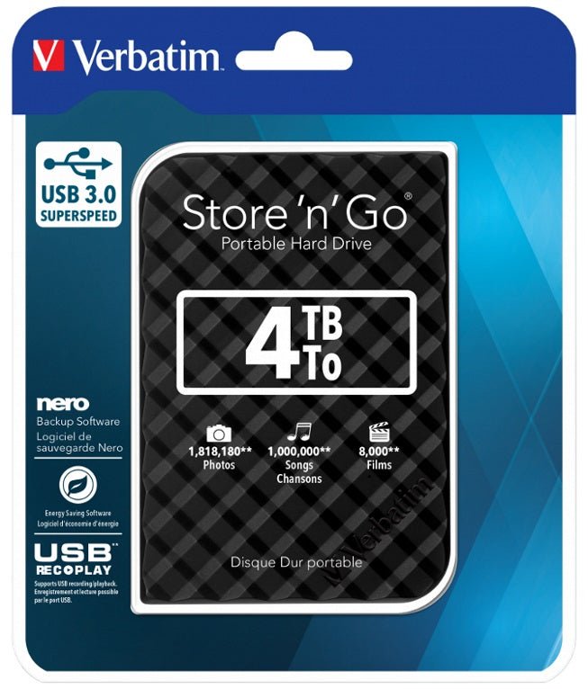 Verbatim 4TB 2.5' USB 3.0 Black Store'n'Go HDD Grid Design. - Leader Electronics