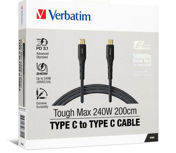 Verbatim Cable 240W USB-C to USB-C 200CM PD 3.1 and QC 3.0 and 4.0 Premium Cable - Leader Electronics