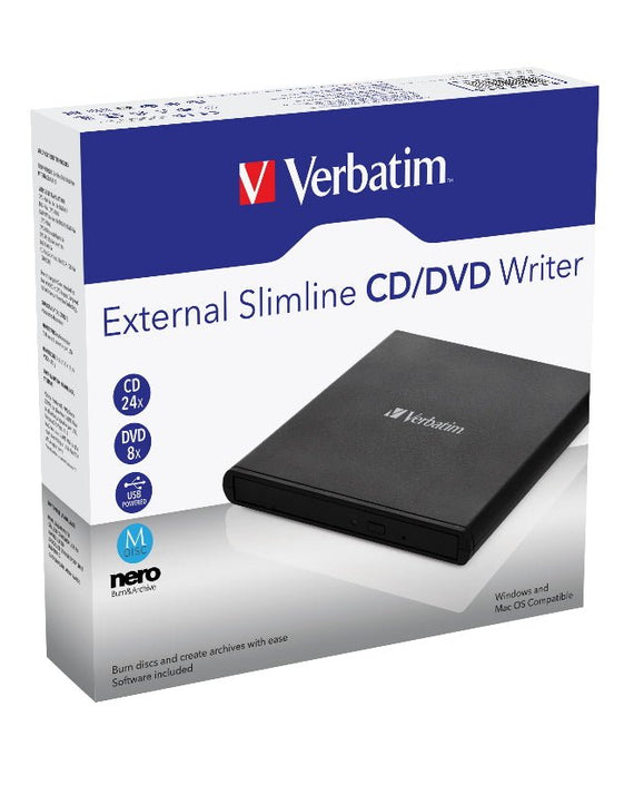 Verbatim External Slimline DVD / CD Writer, Burner, Reader, Player, Ultra Portable for Notebooks, Nero Software, USB Powered Black Mobile, Retail 2025 - Leader Electronics