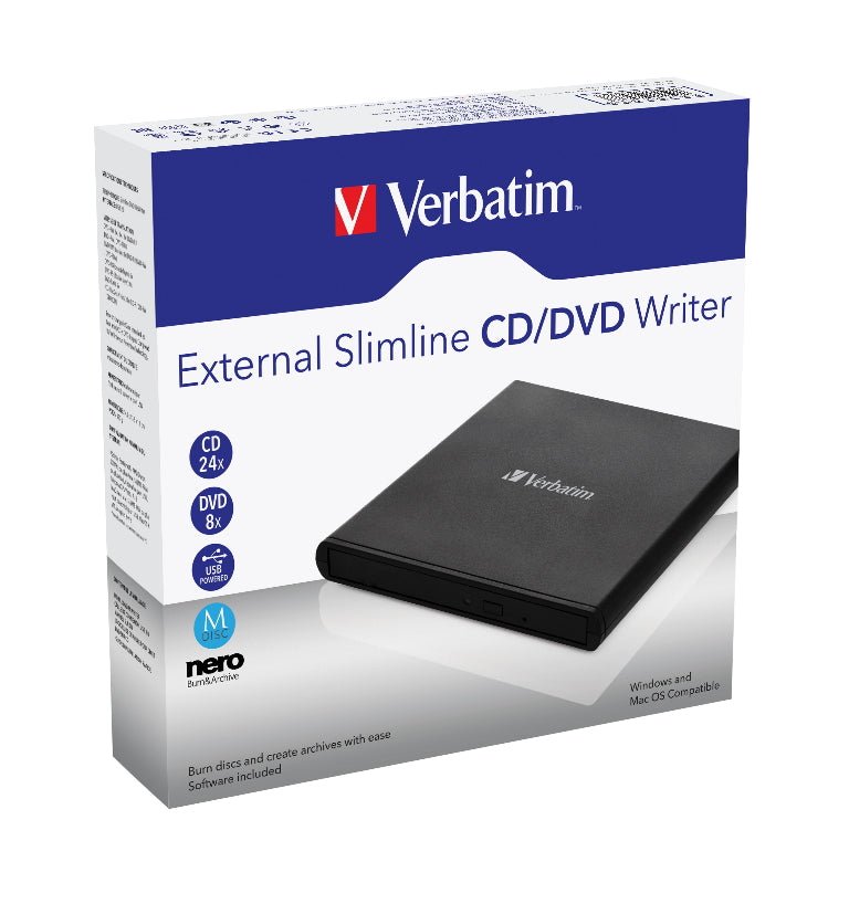 Verbatim External Slimline DVD / CD Writer, Burner, Reader, Player, Ultra Portable for Notebooks, Nero Software, USB Powered Black Mobile, Retail 2025 - Leader Electronics