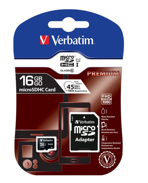 Verbatim Micro SDHC 16GB (Class 10) with Adaptor Up to 45MB/Sec 300X read speed - Leader Electronics