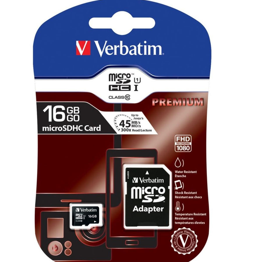 Verbatim Micro SDHC 16GB (Class 10) with Adaptor Up to 45MB/Sec 300X read speed - Leader Electronics