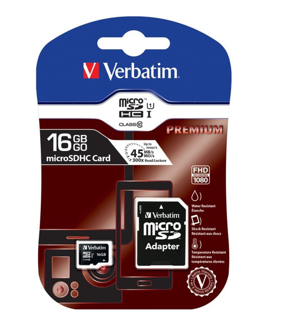 Verbatim Micro SDHC 16GB (Class 10) with Adaptor Up to 45MB/Sec 300X read speed - Leader Electronics