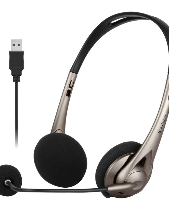 Verbatim Multimedia Headset with Boom Mic Headphone, Volume Control, USB 3.0 – Grey – School, Office, Business. Retail Pack - Leader Electronics