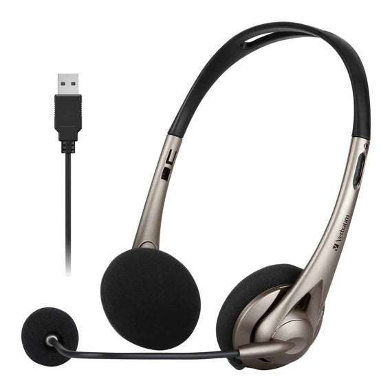 Verbatim Multimedia Headset with Boom Mic Headphone, Volume Control, USB 3.0 – Grey – School, Office, Business. Retail Pack - Leader Electronics