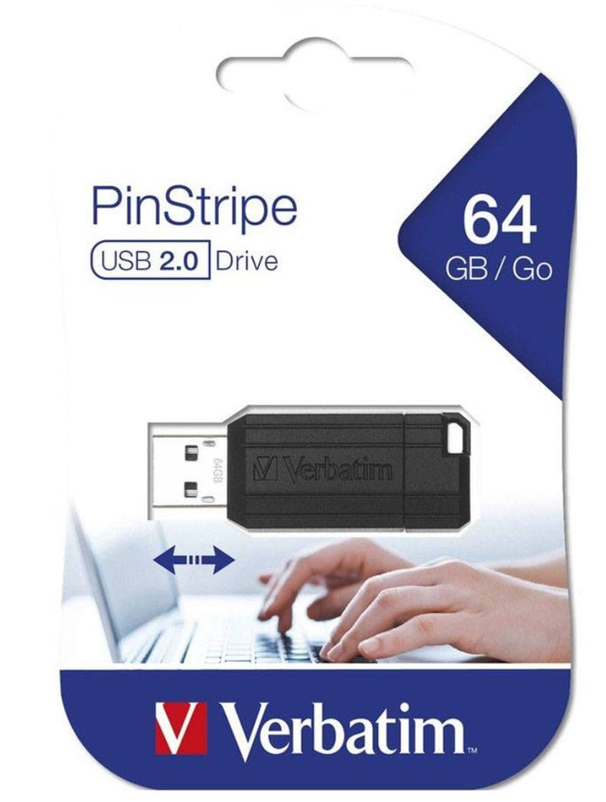 Verbatim Store'n'Go Pinstripe USB Drive 64GB (Black) – Reliable, Durable, and Ultra Compact – Best Companion for Office 2 Years Limited Warranty - Leader Electronics