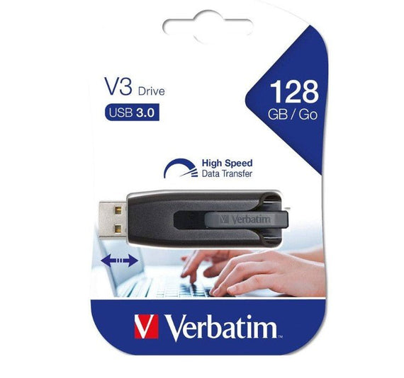 Verbatim Store'n'Go V3 USB 3.2 SuperSpeed Drive 128GB - Backup Storage, Grey, Windows, Mac, Linux Compatible. - Leader Electronics