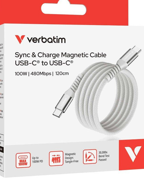 Verbatim Sync & Charge USB C to USB C 100W Magnetic 120 cm - Grey - Leader Electronics
