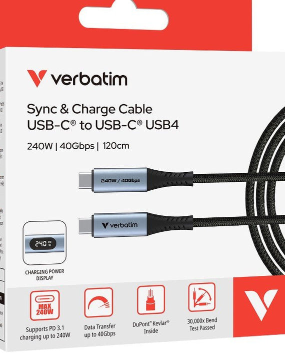 Verbatim Sync & Charge USB C to USB C 240W 40 Gbps Display 120 cm - Leader Electronics