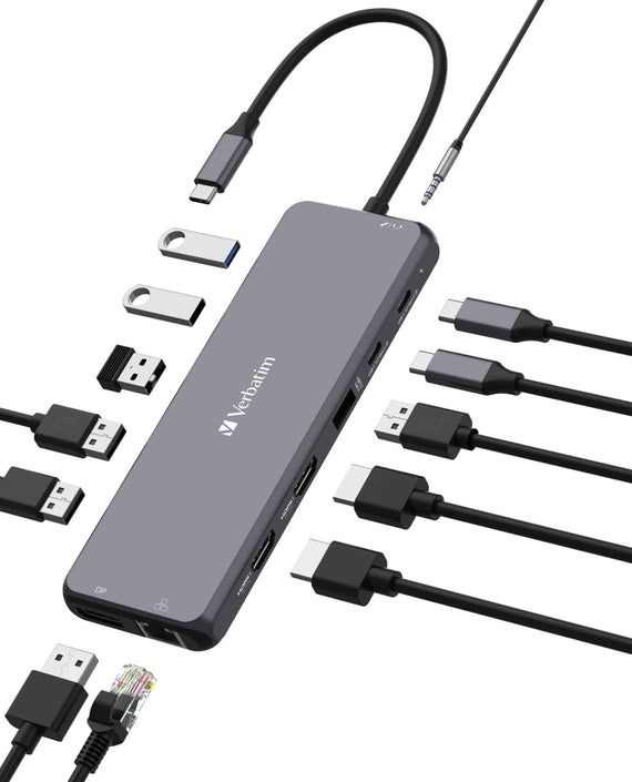Verbatim USB-C Pro Multiport Hub 13 Port,2 x HDMI, 1 x DisplayPort, 1 x RJ45, 3 x USB-A 3.2 Gen 1, 1 x USB-A 3.2 Gen 2, 2 x USB-A 2.0, 1 x Audio, 2 x - Leader Electronics