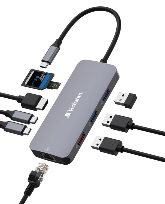Verbatim USB-C Pro Multiport Hub 9 Ports,1 x HDMI, 1 x RJ45, 2 x USB-C 3.2 Gen2, 1 x USB-A 3.2 Gen2, 2 x USB-A 3.2 Gen1, 1 x SD card slot, 1 x microSD - Leader Electronics