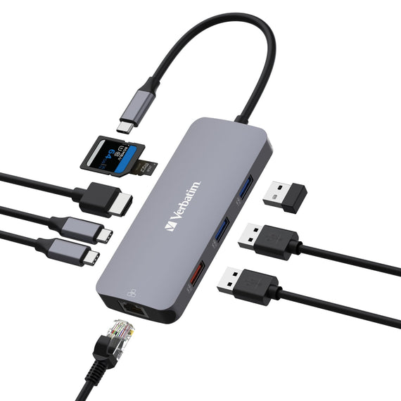Verbatim USB-C Pro Multiport Hub 9 Ports,1 x HDMI, 1 x RJ45, 2 x USB-C 3.2 Gen2, 1 x USB-A 3.2 Gen2, 2 x USB-A 3.2 Gen1, 1 x SD card slot, 1 x microSD - Leader Electronics