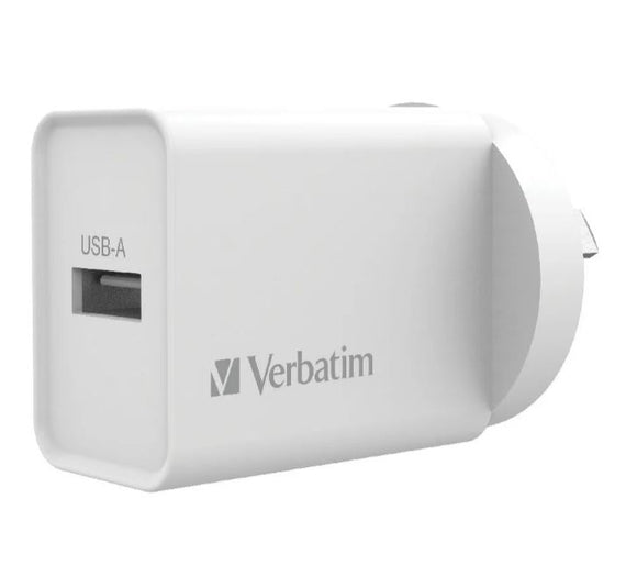 Verbatim USB Charger Single Port 2.4A - White Single Port Wall Charger Rohs, CE, Apple, Android, tablet, Handheld. OC, OV, SS, OT, Fire Resistant. - Leader Electronics