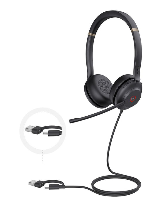 Yealink UH37 Dual MicrosoftTeams Certified USB Wired Headset USB-C/A PROFESSIONAL USB HEADSET Dual Noise-Cancelling, USB-C to USB-A adapter - Leader Electronics