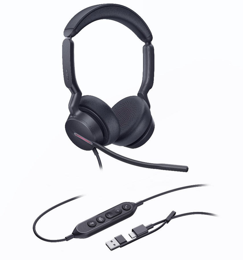 Yealink UH46 Dual Teams USB-C/A Microsoft Certified Teams USB Wired Headset 3-Noise-Canceling Microphones 35mm Speaker Busylight Leather Controller - Leader Electronics