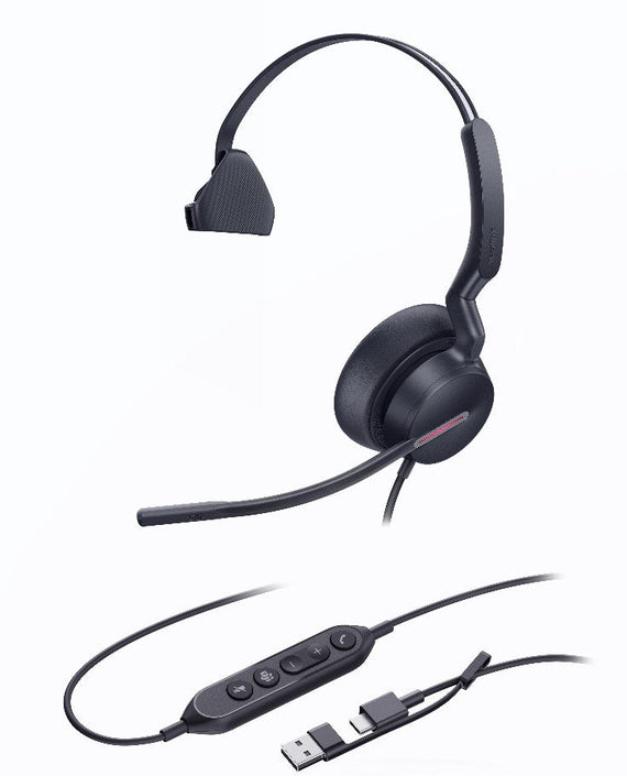 Yealink UH46 Mono Teams USB-C/A Microsoft Certified Teams USB Wired Headset 3-Noise-Canceling Microphones 35mm Speaker Busylight Leather Controller - Leader Electronics