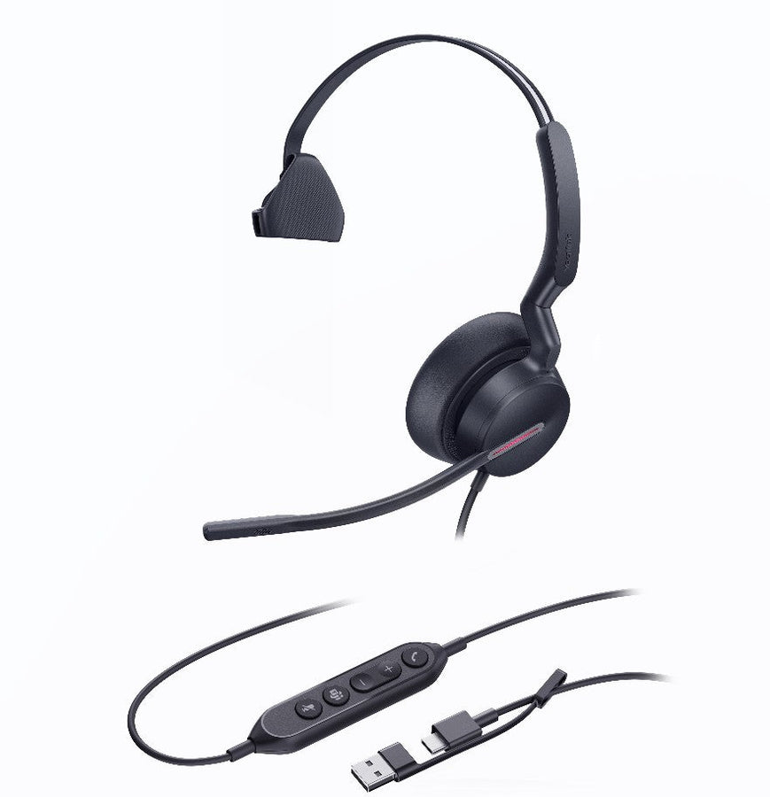 Yealink UH46 Mono Teams USB-C/A Microsoft Certified Teams USB Wired Headset 3-Noise-Canceling Microphones 35mm Speaker Busylight Leather Controller - Leader Electronics