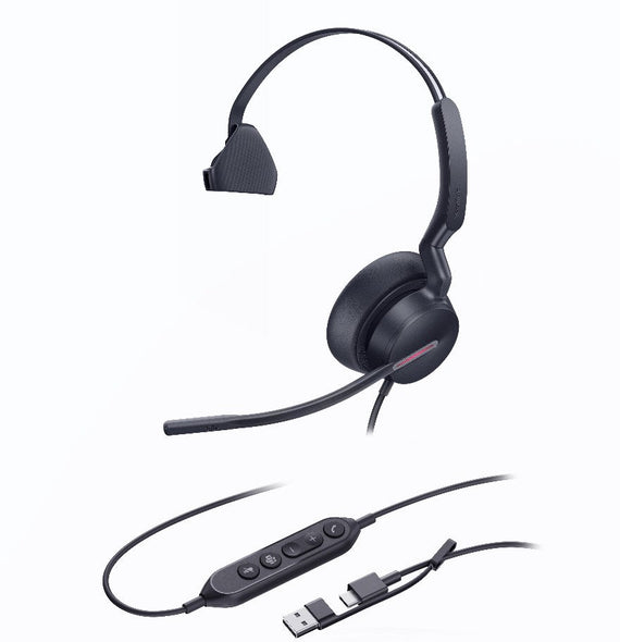 Yealink UH46 Mono Teams USB-C/A Microsoft Certified Teams USB Wired Headset 3-Noise-Canceling Microphones 35mm Speaker Busylight Leather Controller - Leader Electronics